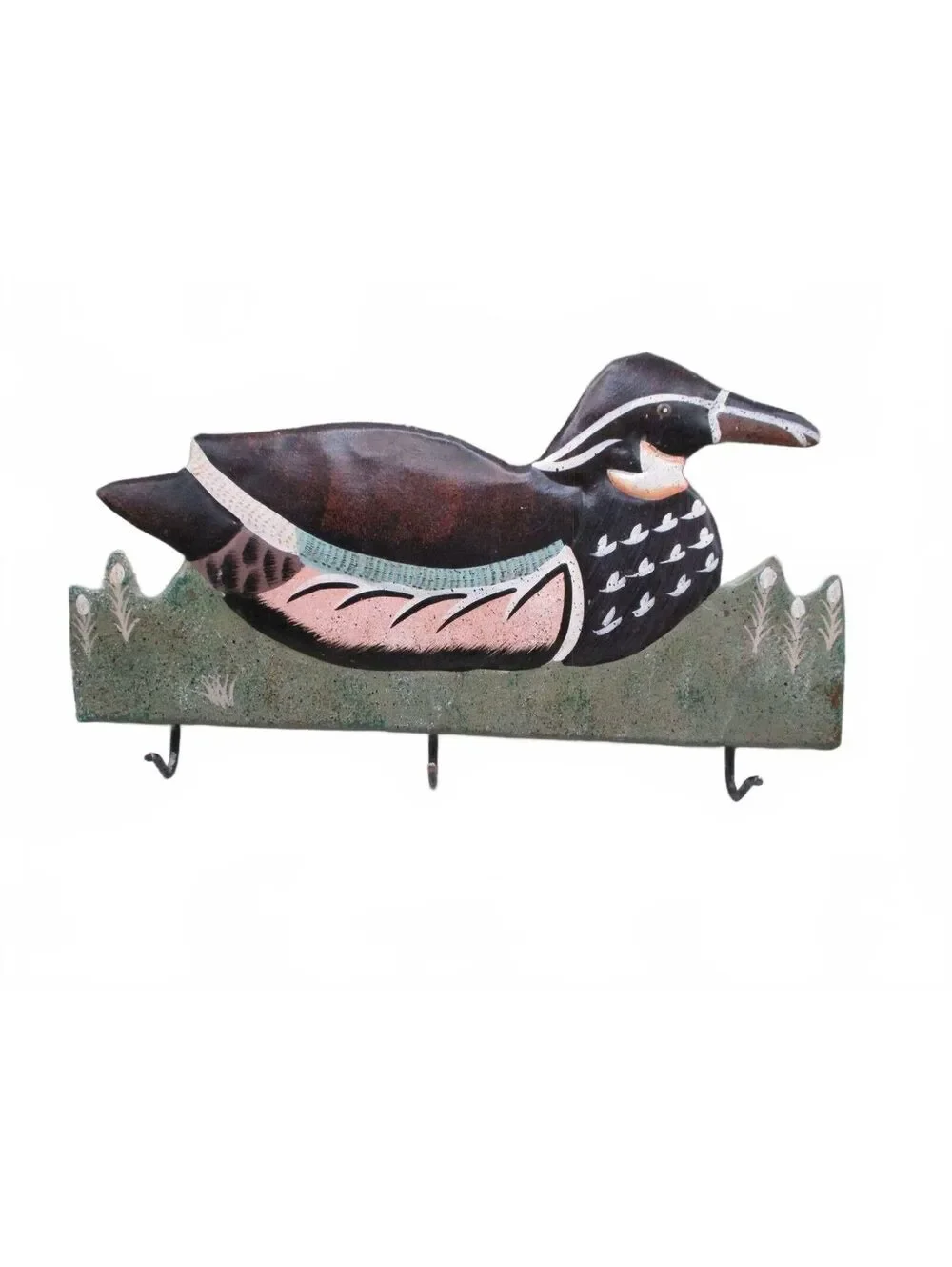 Vintage Folk Art Metal Wood Duck Wall Hanger Key Rack Cabin Decor